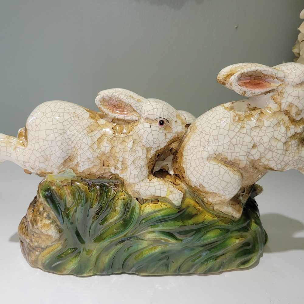 Ceramic Rabbit Trio on Floral Base - Picture 3 of 3